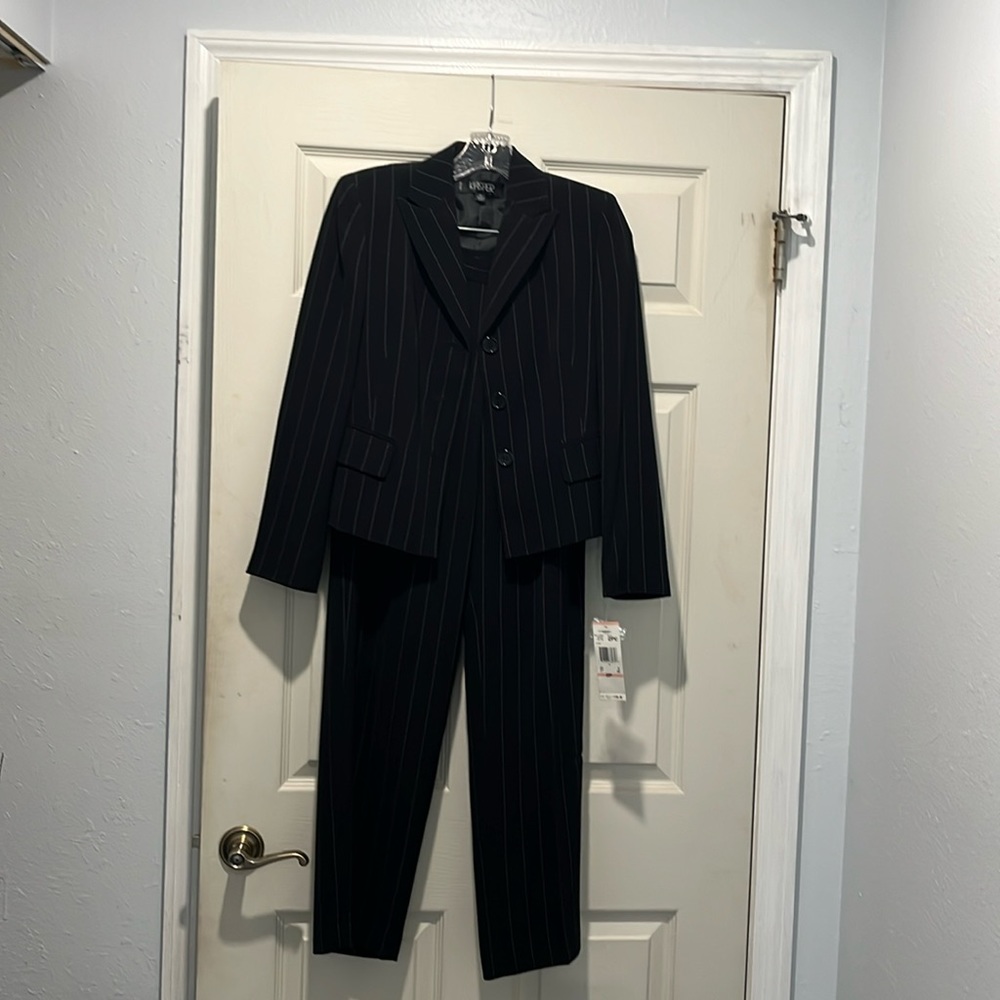 Kasper Black & White Pinstriped Pantsuit